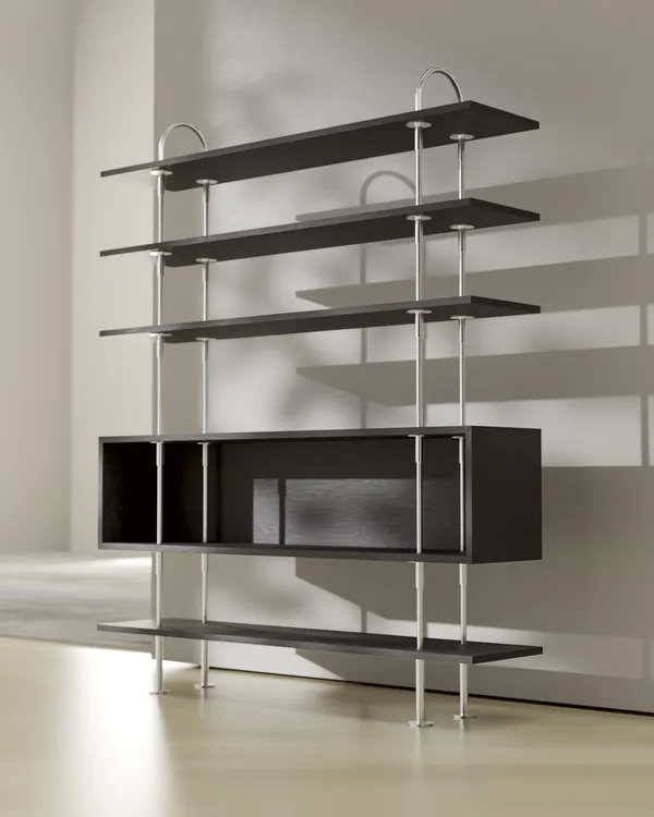 Keen Hyldesystem Med 4 Hylder / 1 Kassehylde 160 cm Satinpoleret Rustfrit stål / Sortbrun bejdset Ask