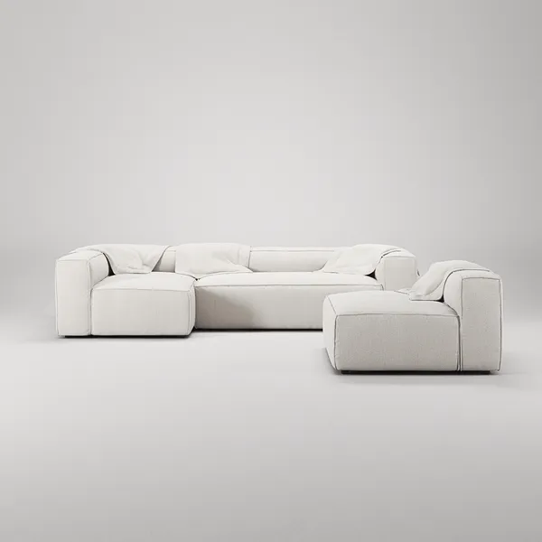 Grand 4-Sitssoffa Divan Vänster Med Fåtölj Bouclétyg Steam White
