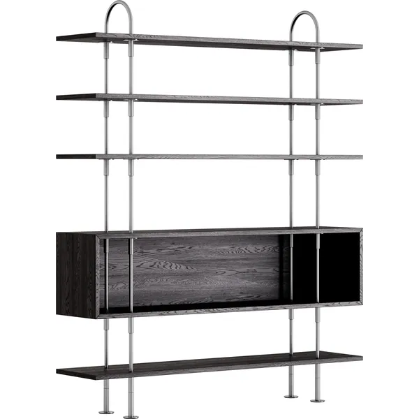 Keen Hyldesystem Med 4 Hylder / 1 Kassehylde 160 cm Satinpoleret Rustfrit stål / Sortbrun bejdset Ask