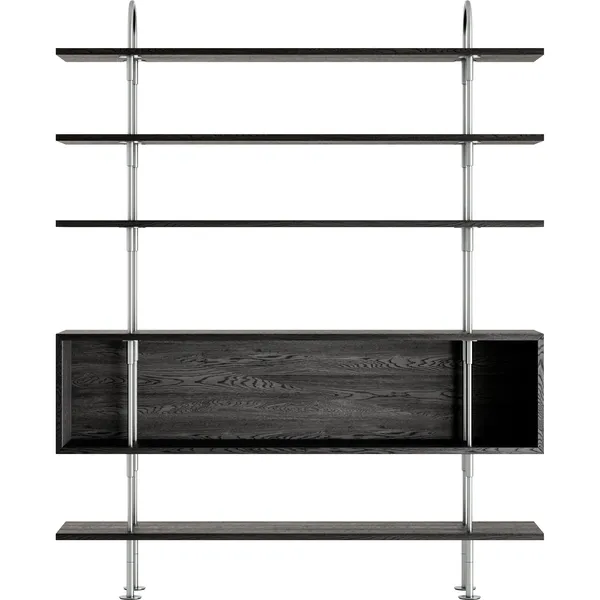 Keen Hyldesystem Med 4 Hylder / 1 Kassehylde 160 cm Satinpoleret Rustfrit stål / Sortbrun bejdset Ask
