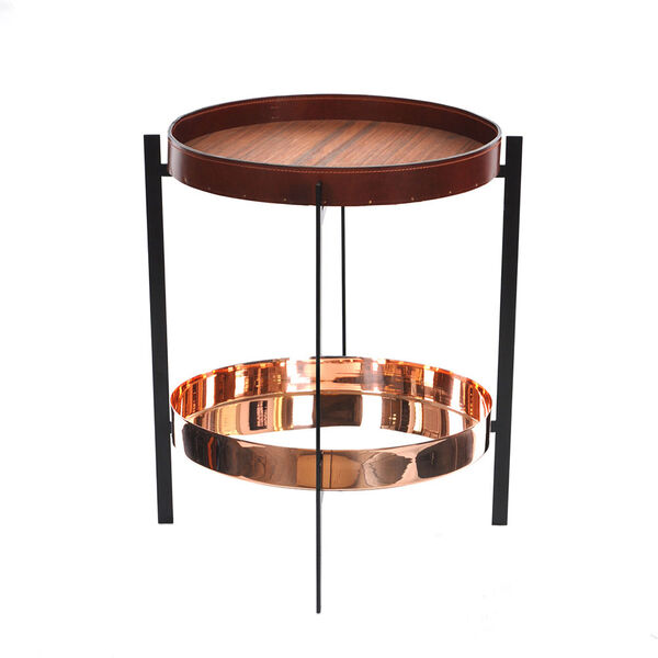 Deck Sidebord Svart Ramme Teak/Cognacfarget Kobber