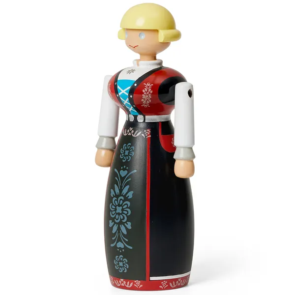 Norsk Bunad-Kvinna Träfigur Svart/Röd / Vit