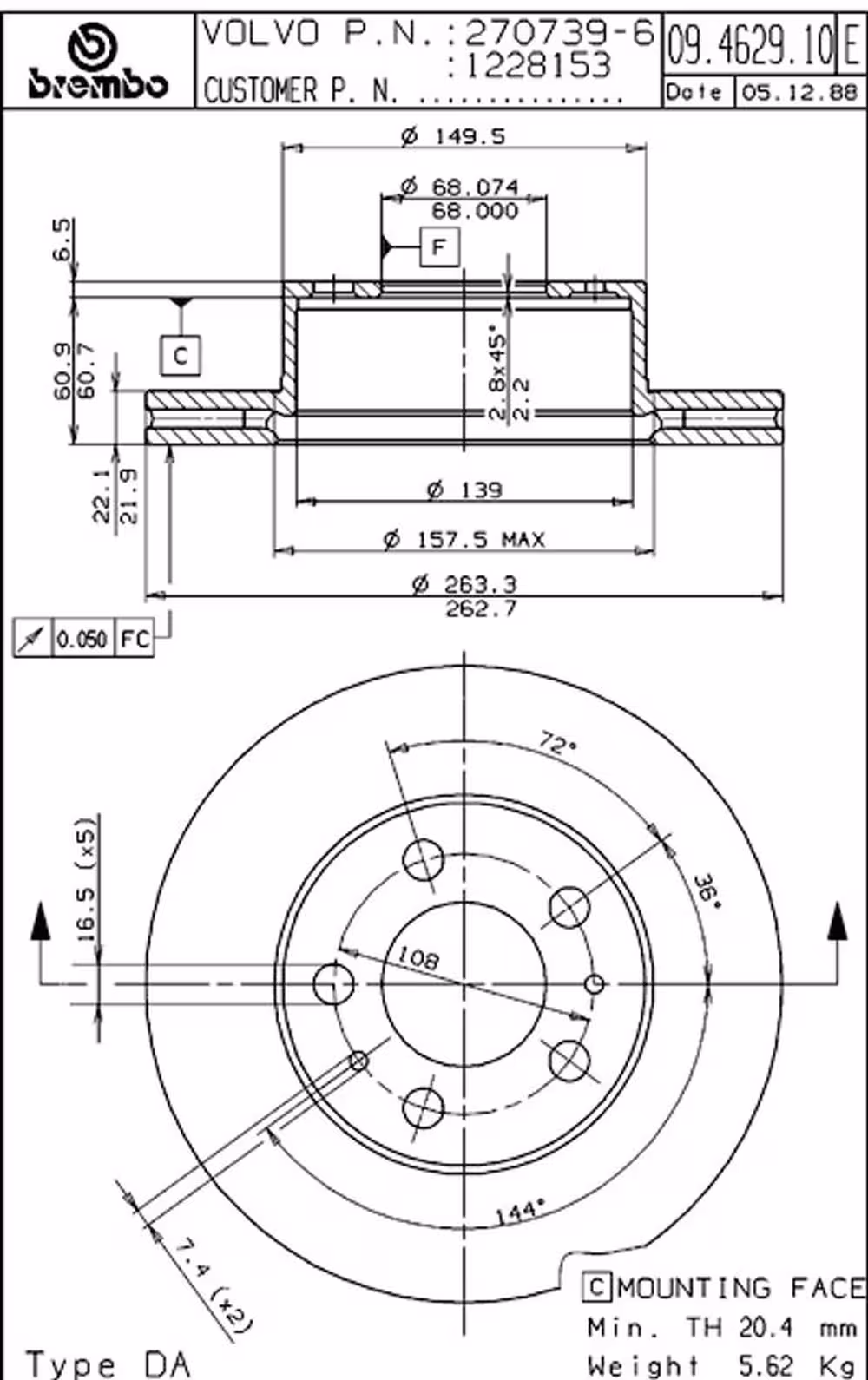 Bremseskive foran til Volvo 240 1975-93, Girling, ventilert, Brembo