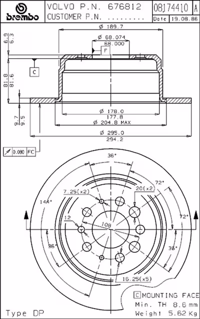 Remschijf achterzijde voor Volvo 1800 1970-, 140 1967-, 164 1969