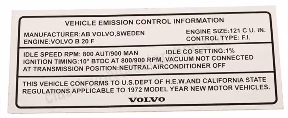 Klistremerke for kjøretøyutslipp til Volvo 1800 1972
