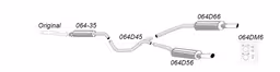 Sprängskiss Simons avgassystem 064DH6 (9-5 Turbo 2.0/2.3 Sedan/Kombi år 1998-2005; 9-5 Aero Sedan/Kombi år 1998-2003) med delnummer utsatta. Produkten är en av delarna i ritningen, inte hela systemet.