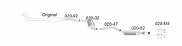 Sprängskiss Simons avgassystem 020-H2 (850 Sedan/Kombi GLE/GLT 2.0-2.5 126-170hp år 1991-1997; S70/V70 Sedan/Kombi 2.0-2.5 126-170hp år 1997-2000) med delnummer utsatta. Produkten är en av delarna i ritningen, inte hela systemet.