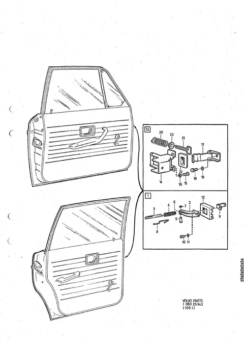 Door stop with components, front and rear doors.