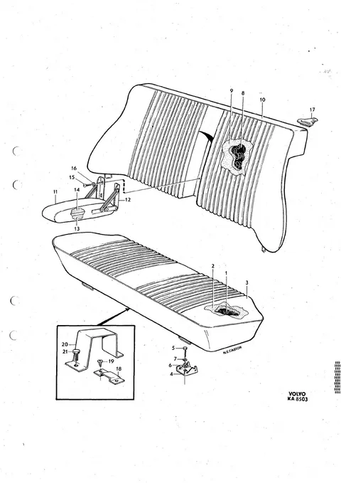Rear seat with installation components, early production.