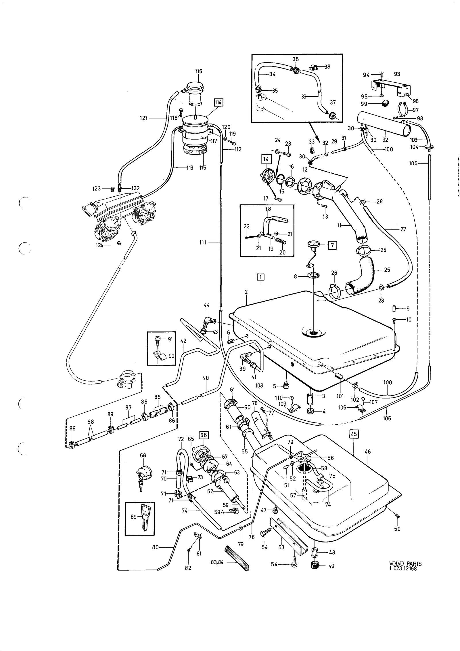 Bensintank, avdunstningskontroll, bränslerör förgasarmotor