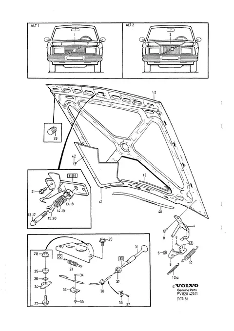 Motorhuv med monteringsdetaljer