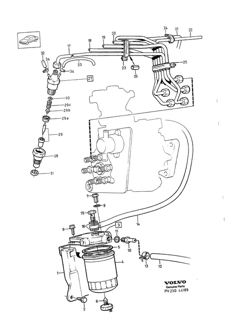 Injector with engine fuel pipes and fuel filter