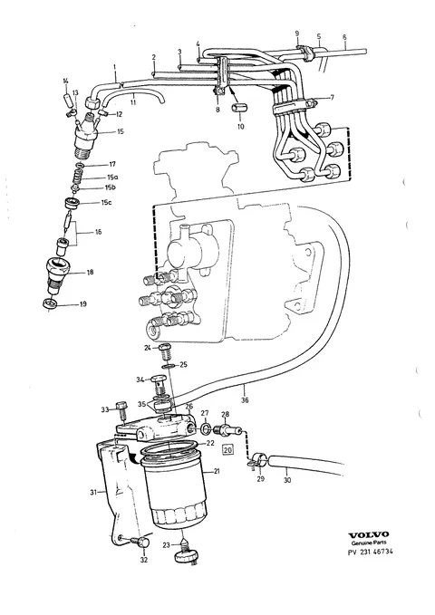 Injector with engine fuel pipes and fuel filter