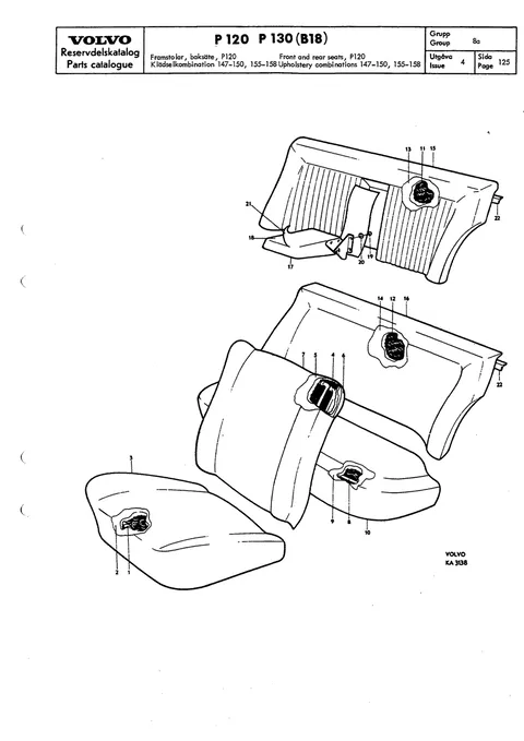 Front and rear seats, P120 Upholstery combinations 147-150, 155-158