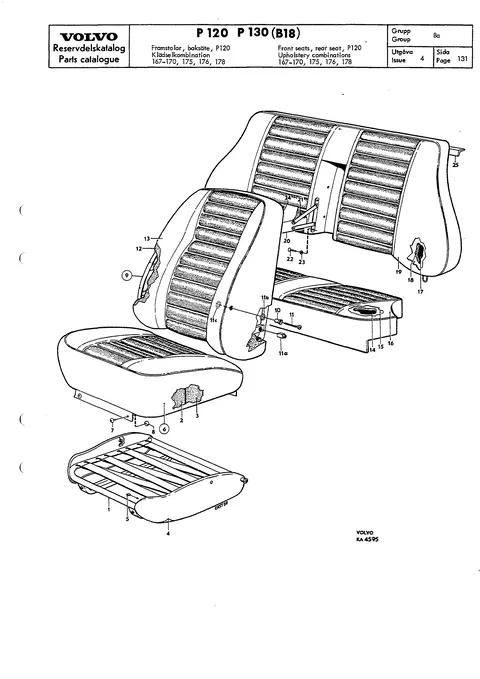 Front seats, rear seat, P120 Upholstery combinations 167-170, 175, 176, 178, 183, 184, 185