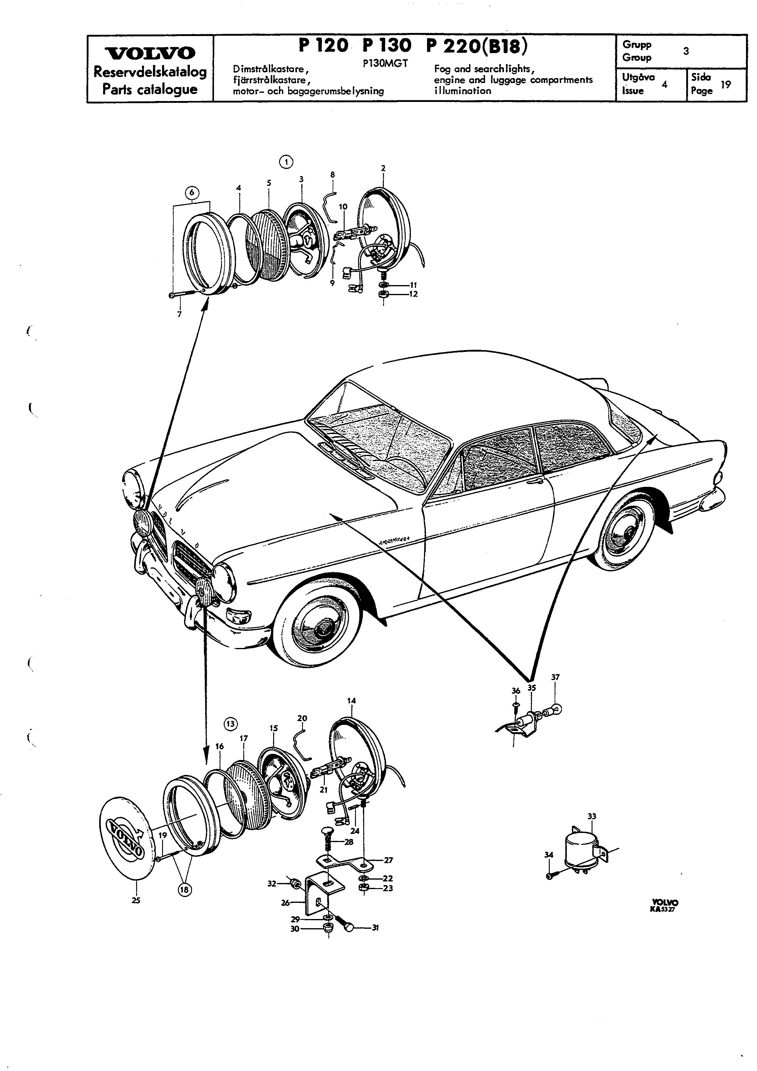 Dimstrålkastare, fjärrstrålkastare, motor- och bagagerumsbelysning