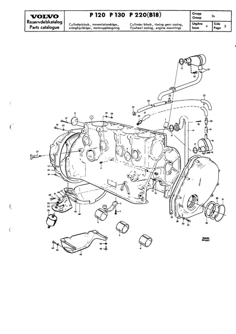 Cylinder block, timing gear casing, flywheel casing, engine mountings