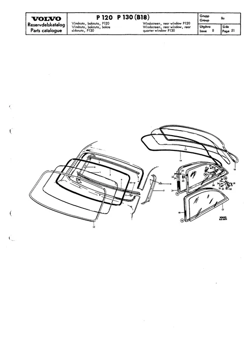 Windscreen, rear window P120; Windscreen, rear window, rear quarter window P130