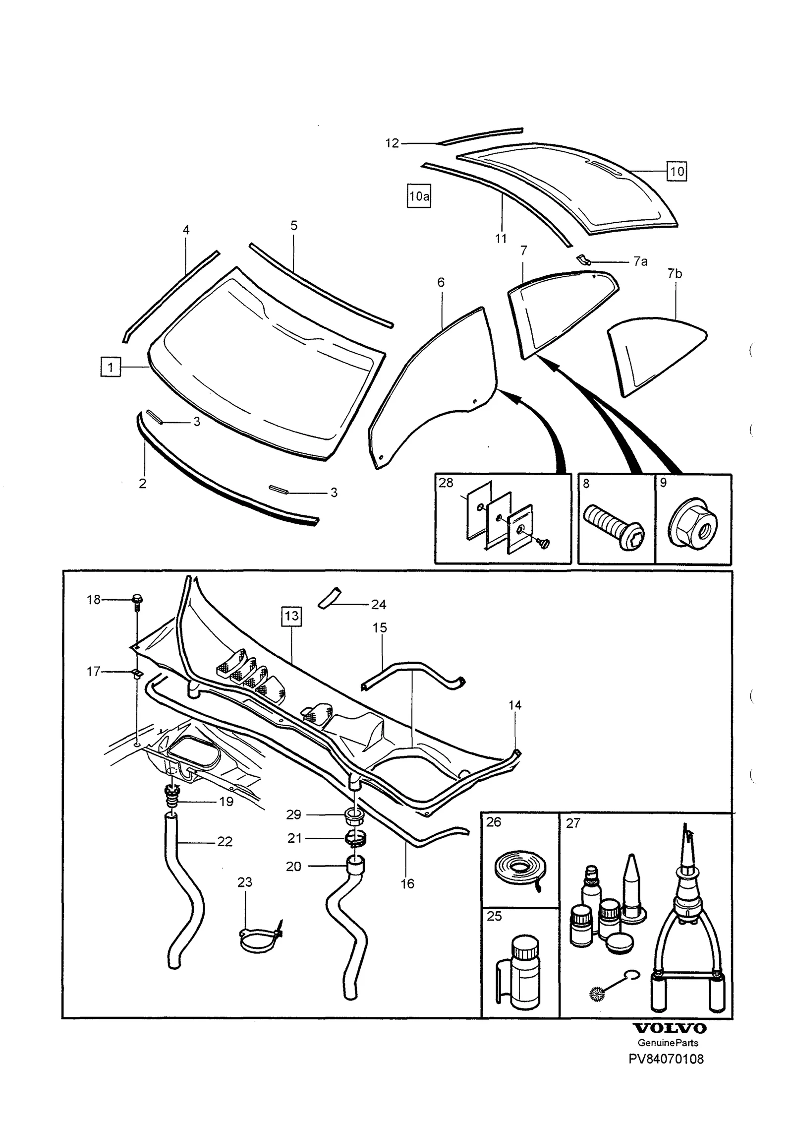 Windschutzscheibe, Heckscheibe, Seitenscheiben, Windschutzscheibenentwässerung für Volvo S70/V70/C70 · Volvo C70/V70/S70