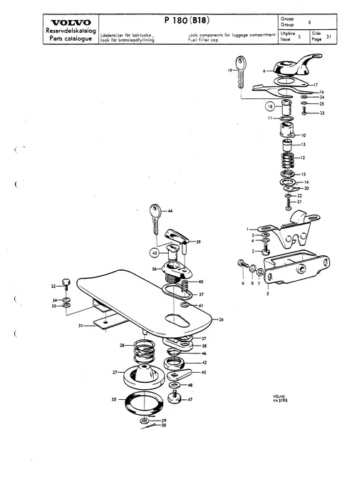 Lock components for luggage compartment lid, fuel filler cap