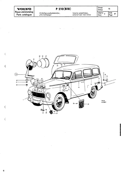 Exterior embellishers external rear view mirror til Volvo PV 544, Duett 210 (B18)