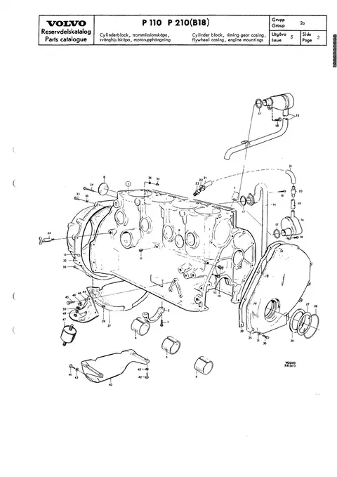 Cylinder block, timing gear casing, flywheel casing, engine mountings til Volvo PV 544, Duett 210 (B18)