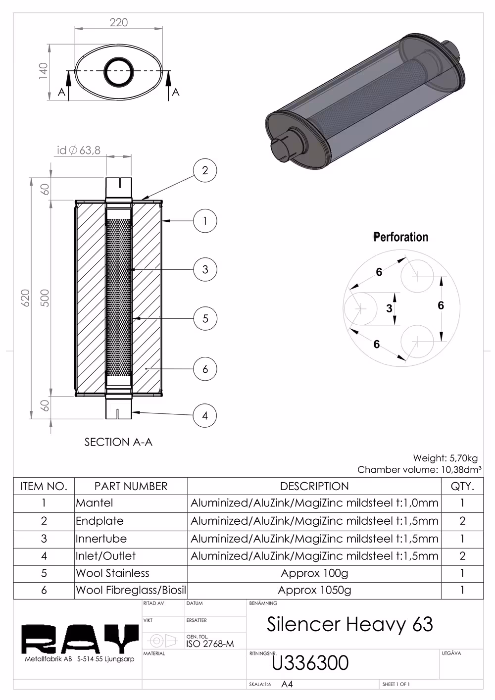 Lyddemper, lyddemper Heavy 63, L=500 mm, oval, muffer, universal
