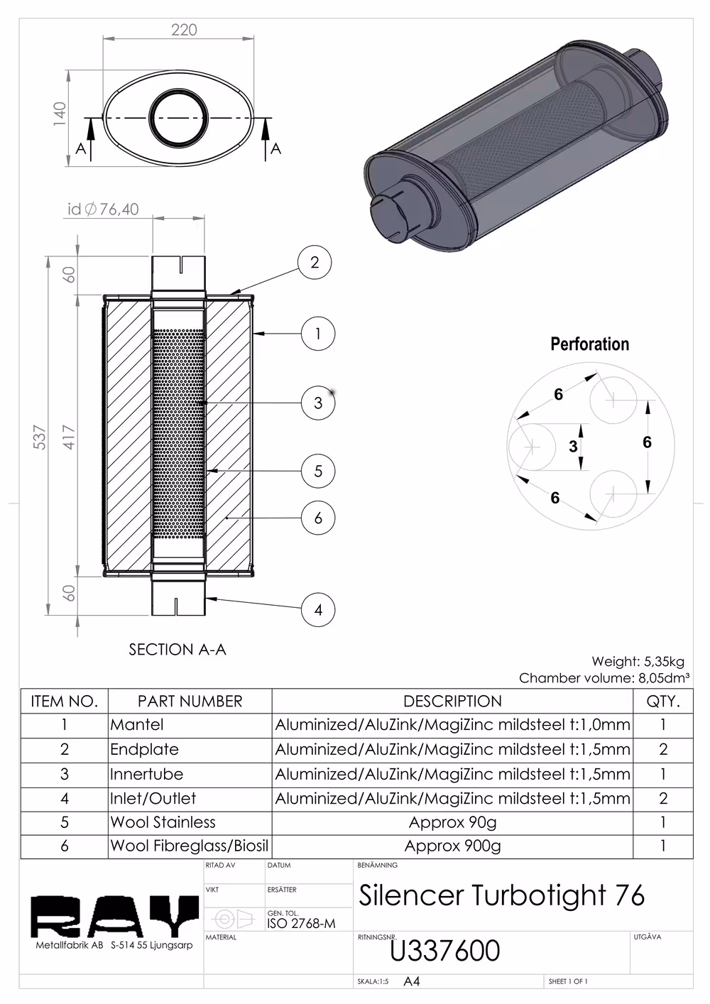 Lyddemper, lyddemper Turbolight, 76,0 mm, L=500 mm, oval, muffer, universal