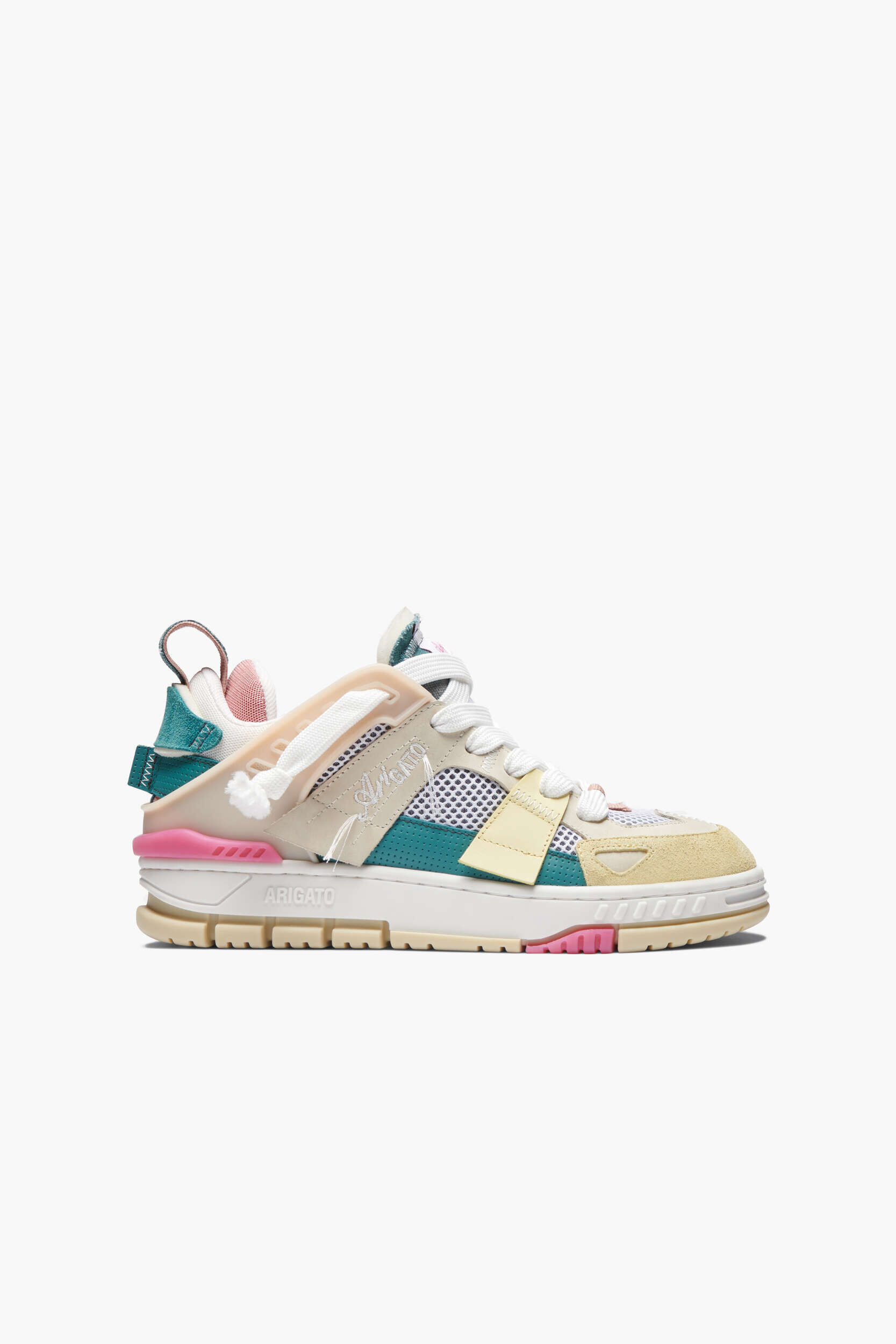 A stylish, multi-colored ARIGATO sneaker, predominantly cream and white with accents of teal, pink, and light yellow, featuring mesh and suede textures, presented on a clean white background.