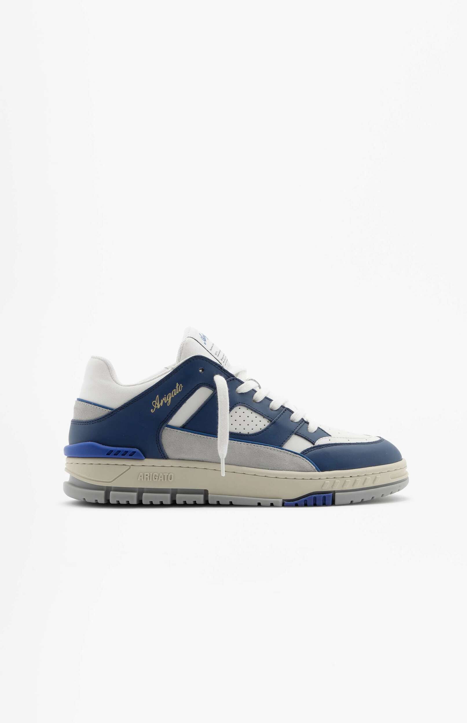 A single Axel Arigato Genesis vintage runner sneaker in blue, white, and light grey. The sneaker features a chunky sole, white laces, blue and white leather panels, and light grey suede accents. The brand name 'Arigato' is visible in gold script on the side and in block letters on the midsole. The shoe is displayed on a clean white background, viewed from the side.