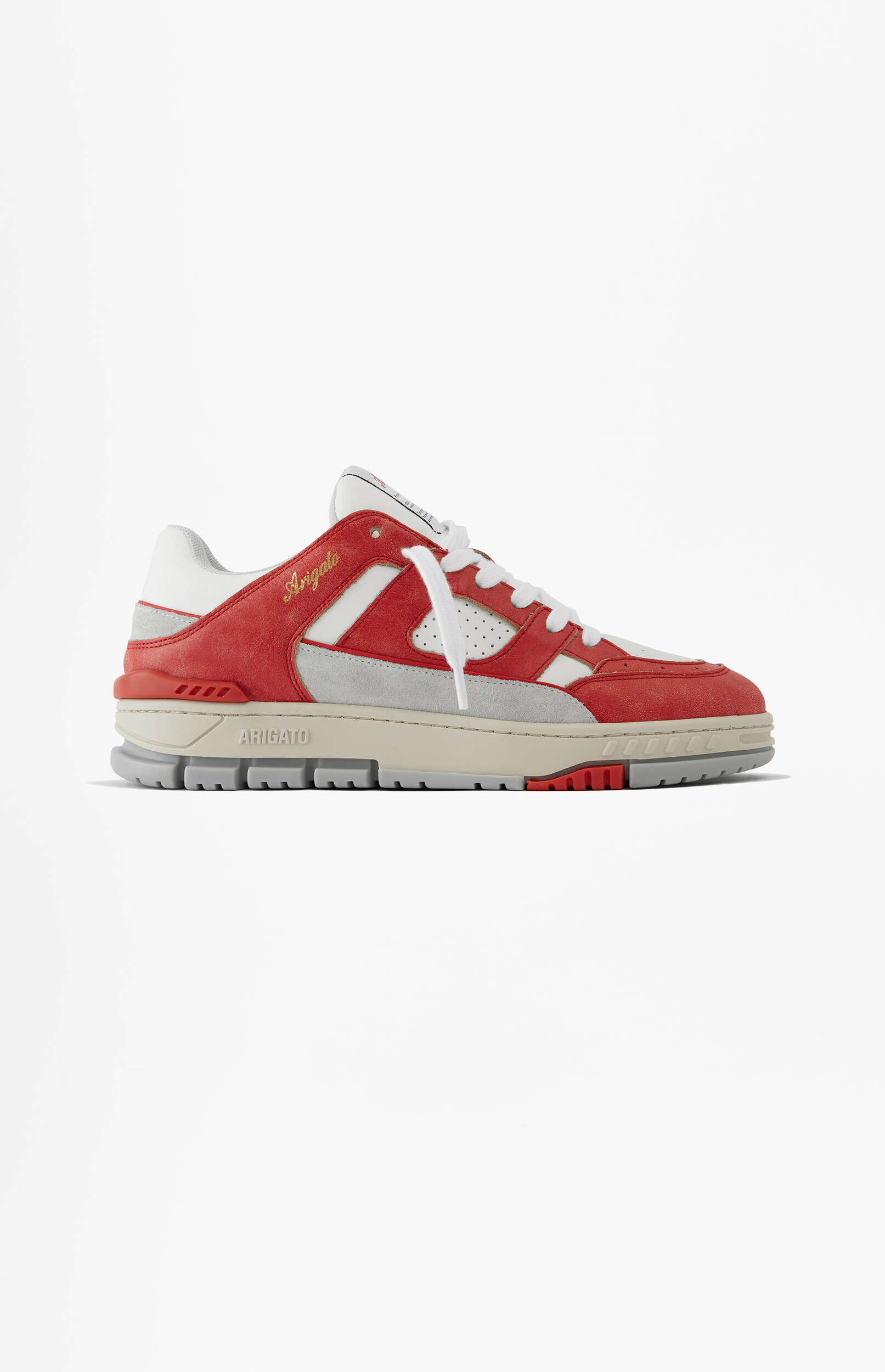 A red, white, and grey Axel Arigato Genesis vintage sport sneaker, featuring a low-top design, white laces, and a chunky multi-layered sole, photographed on a white background.