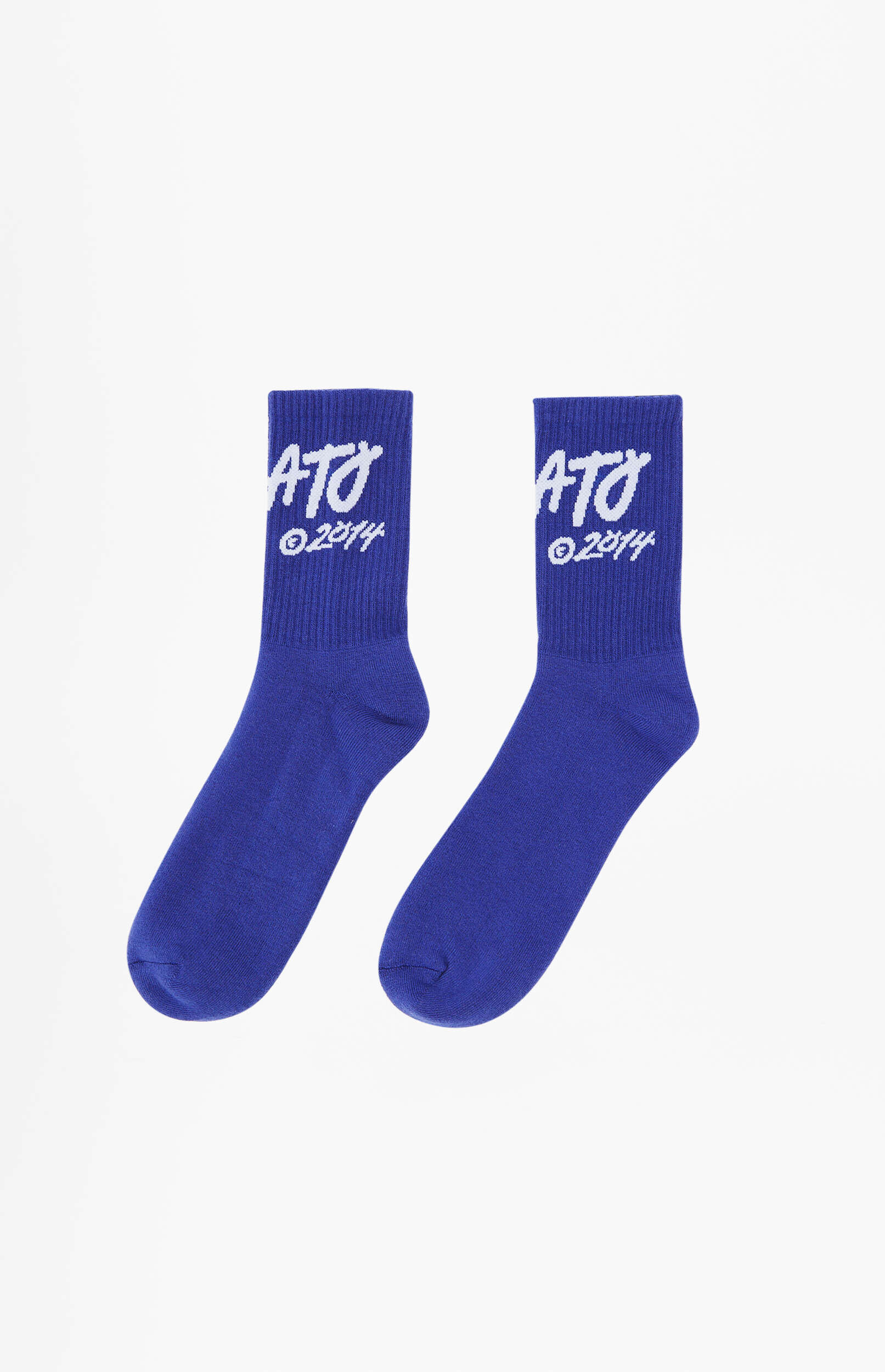 A pair of royal blue crew socks with white text reading 'ATO' and '©2014' printed on the ribbed cuff. The socks are positioned vertically side-by-side on a plain white background, with a slight angle.