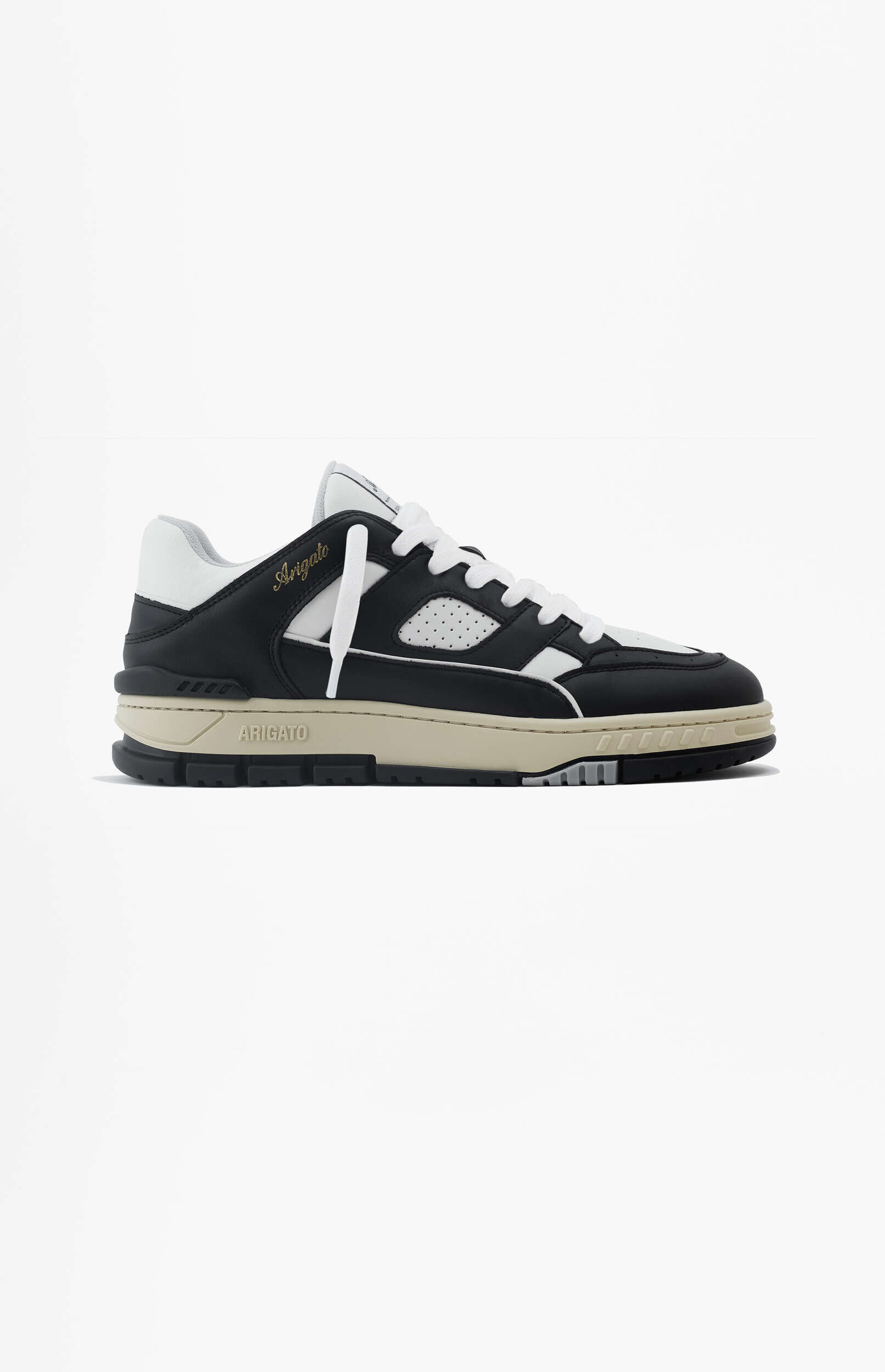 A black and white Arigato low-top sneaker with a prominent beige midsole and white laces, displayed against a clean white background.