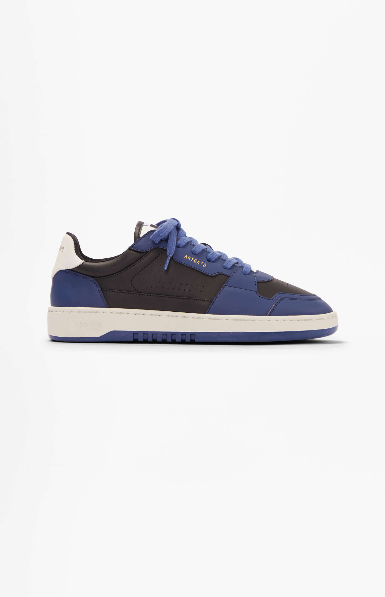 A single Axel Arigato Genesis sneaker in black and blue, featuring a cream sole and blue laces, presented on a clean white background.