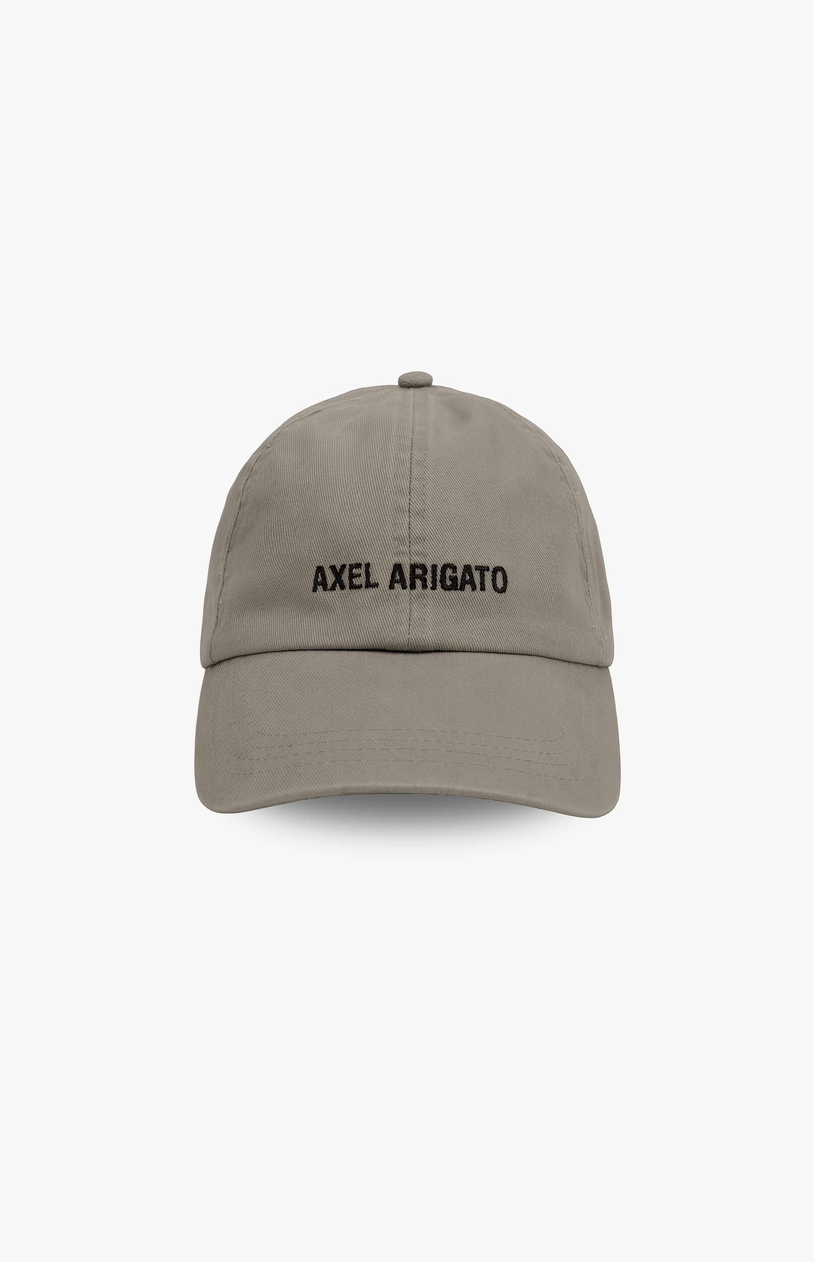 A light brown baseball cap with 'AXEL ARIGATO' embroidered in black letters on the front, set against a plain white background.
