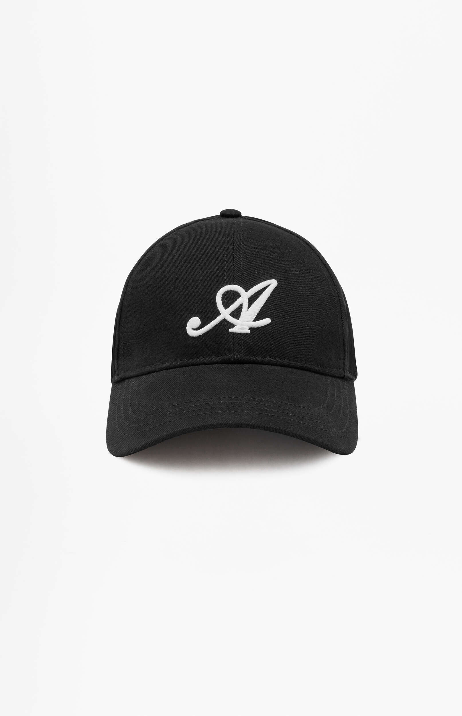 Black baseball cap with a white embroidered stylized letter 'A' on the front, centered against a plain white background.