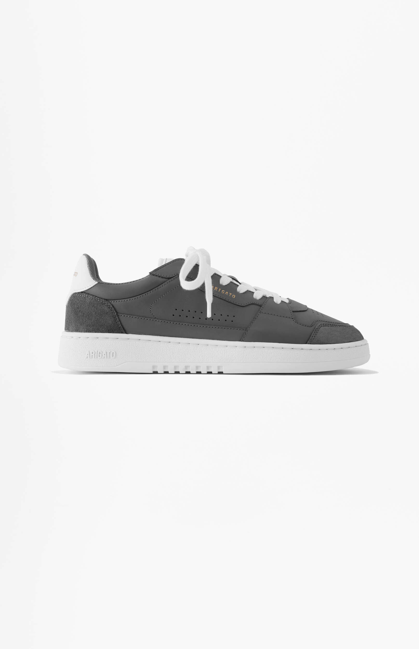 A single dark grey leather Axel Arigato sneaker with white laces and a white sole, viewed from the side on a plain white background.