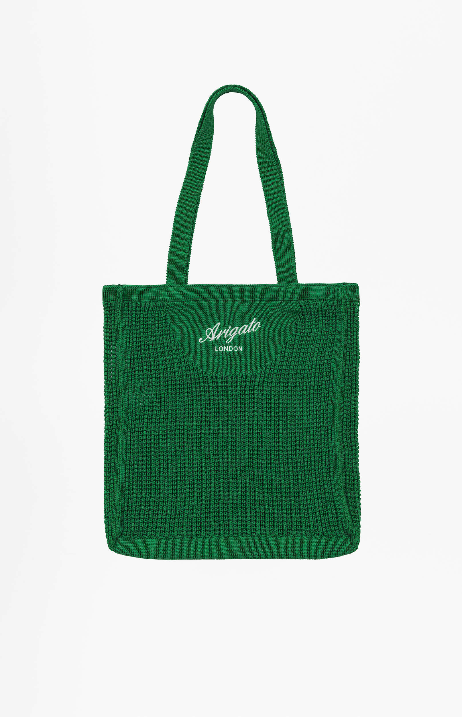 A vibrant green knitted tote bag with 'Arigato London' written in white script and sans-serif font on the front, set against a clean white background.