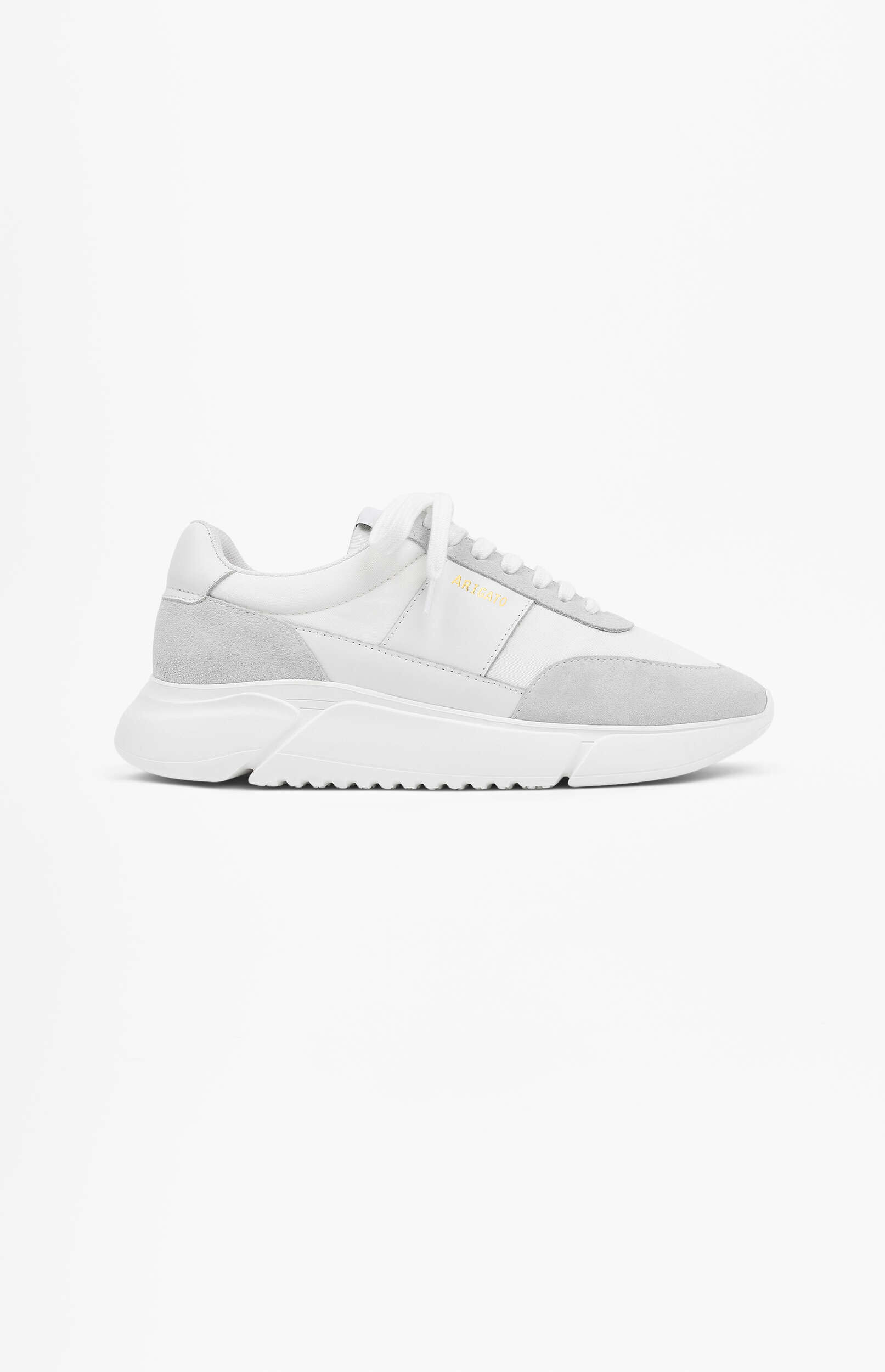 A white and light grey Axel Arigato Genesis sneaker with white laces and a chunky sole, placed on a clean white background.