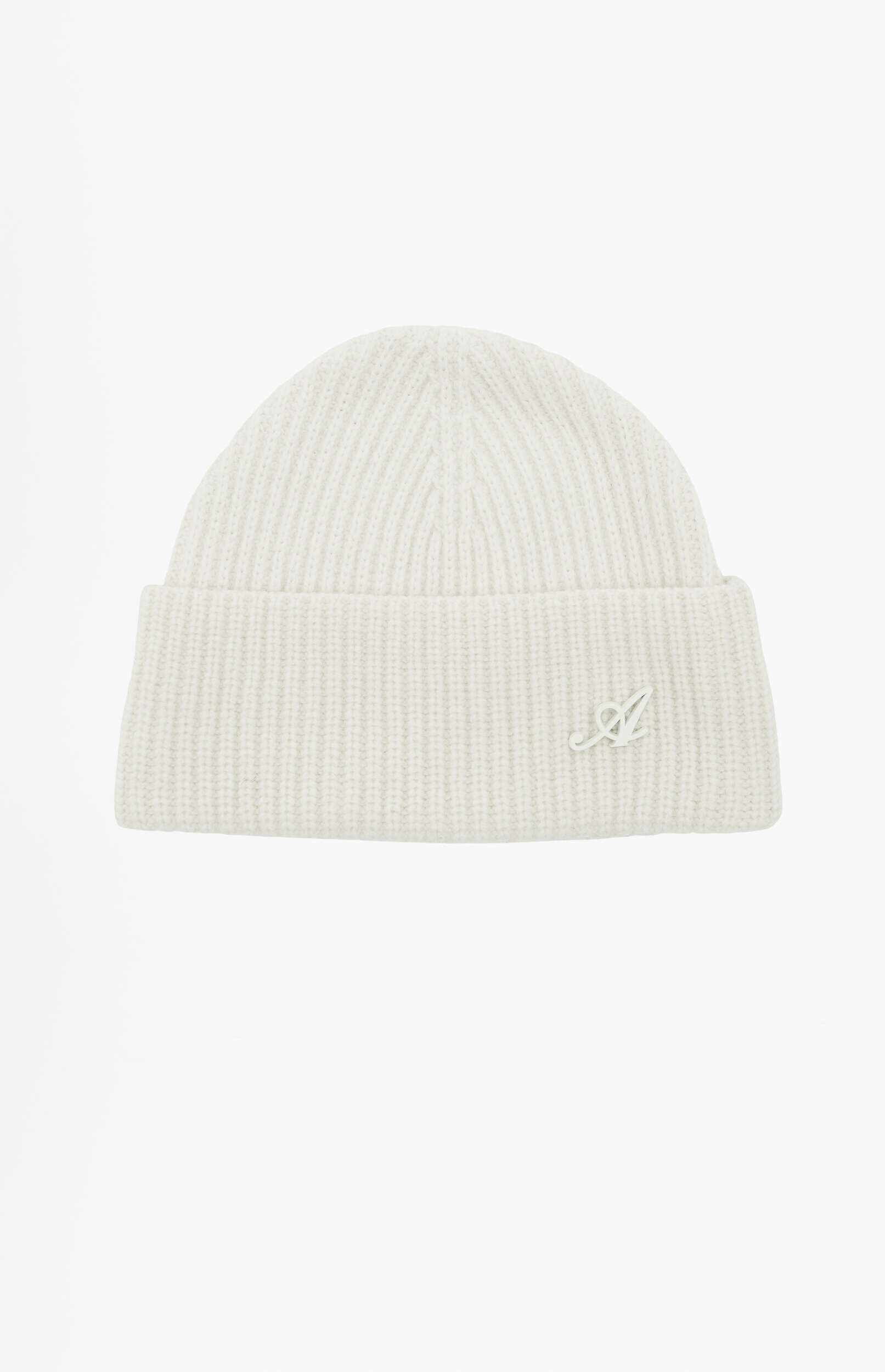 A white ribbed knit beanie with a small, stylized letter A embroidered on the front cuff, presented on a plain white background.