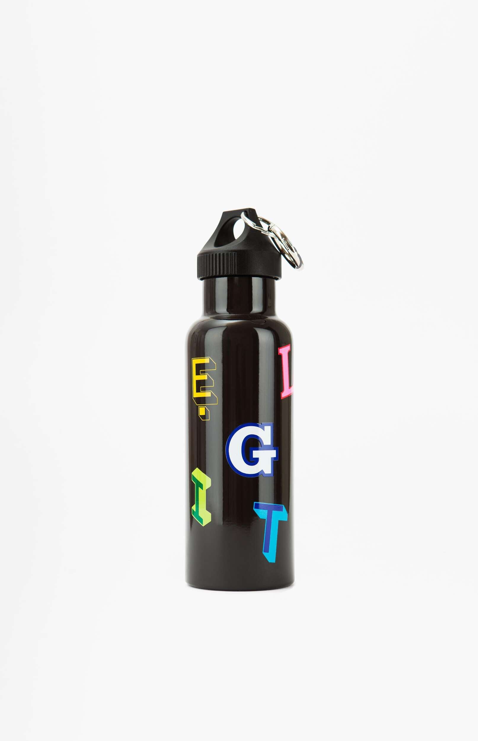 A black water bottle with a black lid and a silver carabiner clip. The bottle features colorful, stylized letters vertically arranged, including a yellow outline 'E', a pink 'L', a green 'I', a white and blue 'G', and a blue 'T', appearing to spell 'ELIGHT'. The bottle is centered on a clean white background.