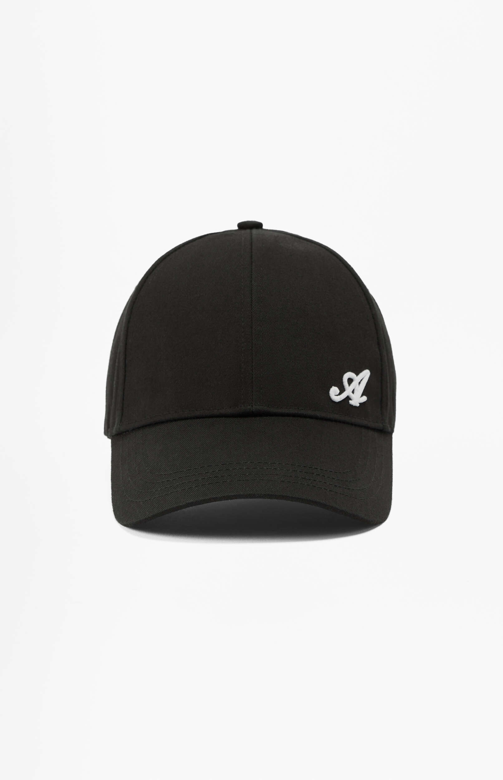 A black baseball cap with a white embroidered stylized letter 'A' or similar cursive initial on the front, centered against a plain white background.