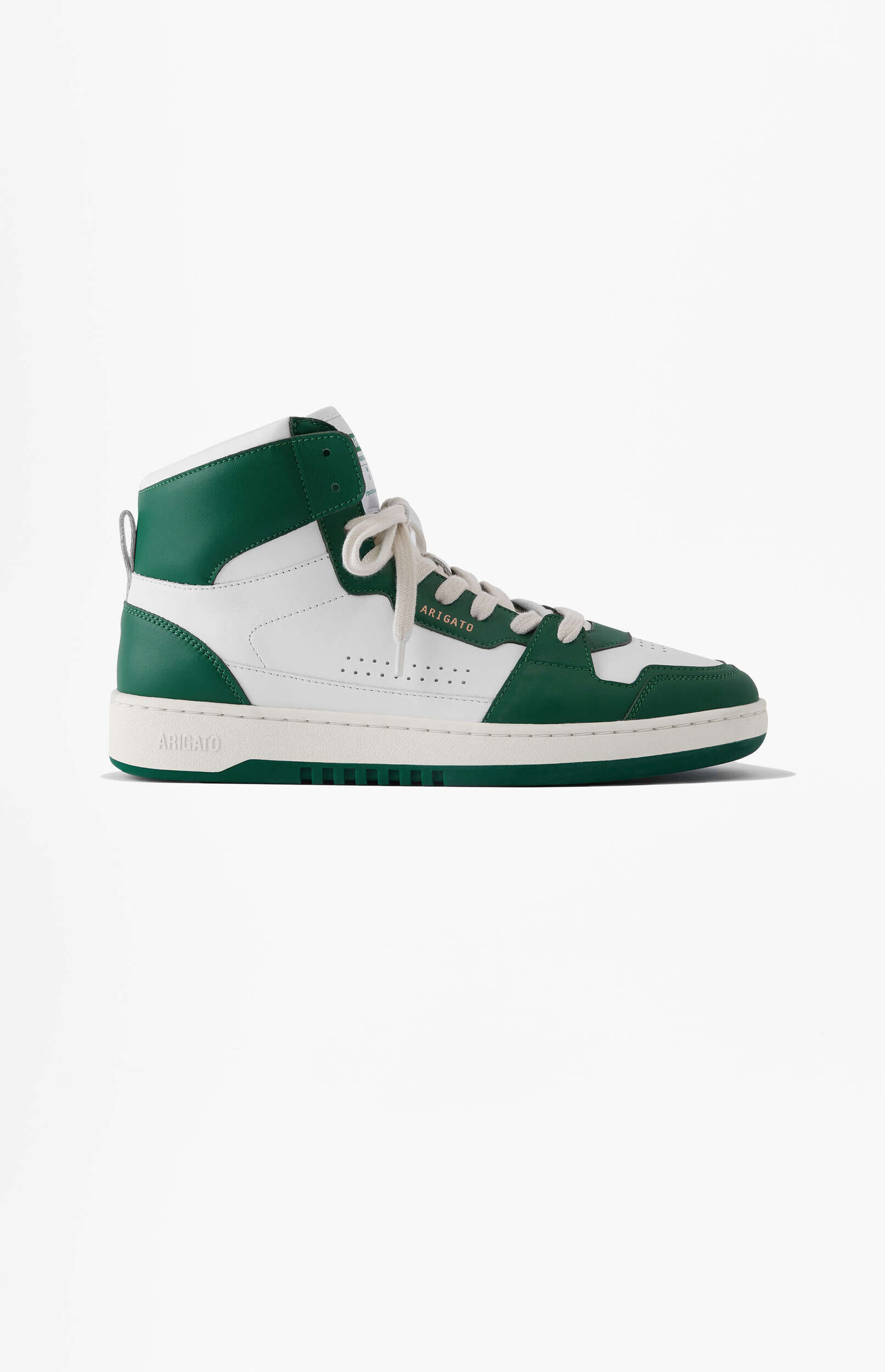A white high-top sneaker with dark green panels and cream-colored laces, featuring 'ARIGATO' branding on the side and sole, presented on a clean white background.