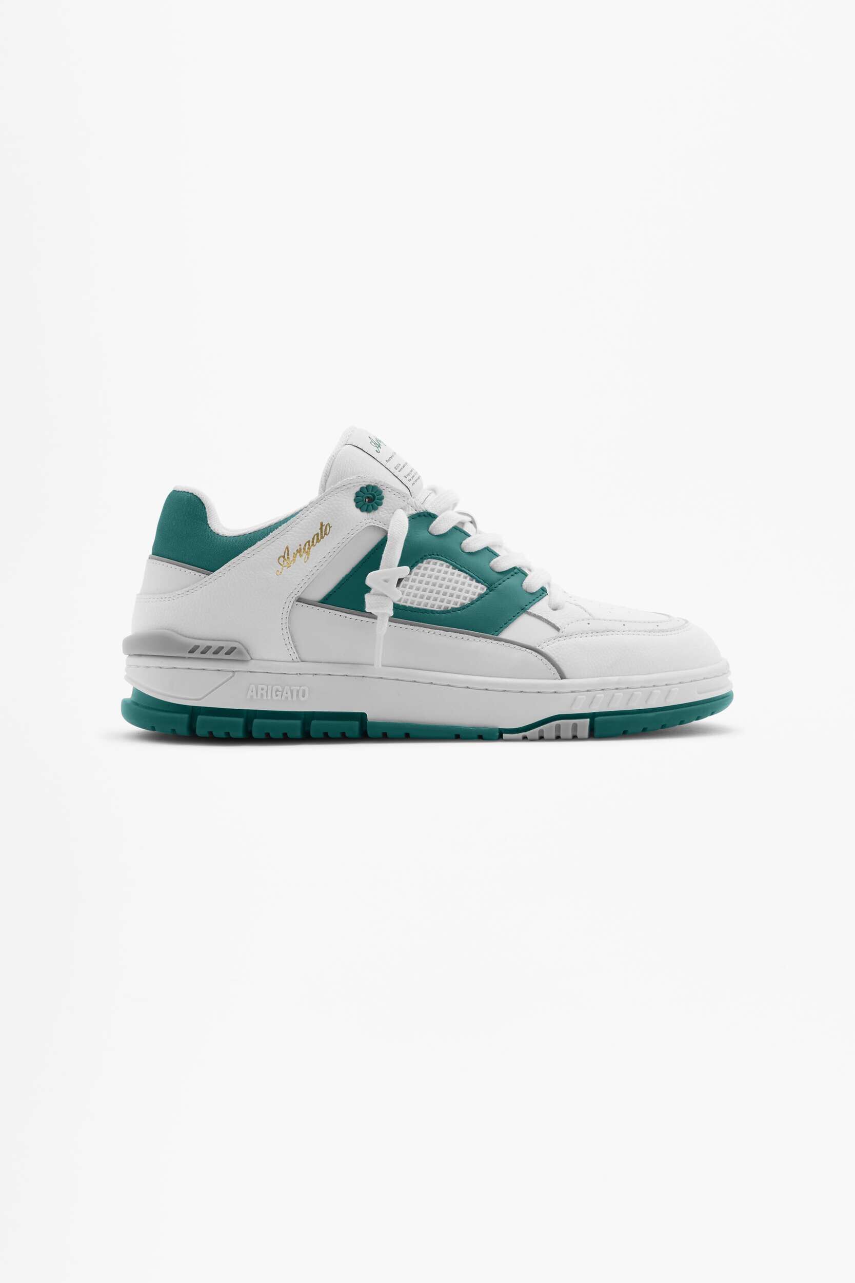 A white and teal Axel Arigato low-top sneaker, viewed from the side on a white background.
