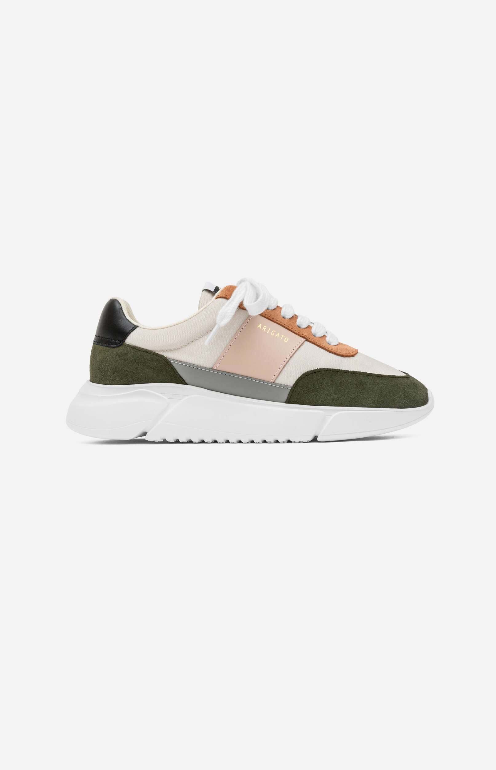 A single Axel Arigato sneaker shown from the side, featuring a multi-color design with off-white textile, olive green suede, light pink leather, and brown suede accents. The shoe has a chunky white sole and white laces, set against a plain light grey background.