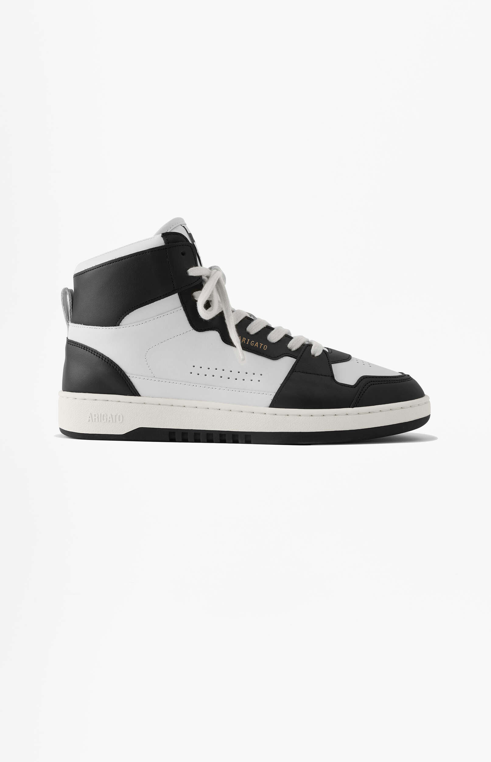 A single Axel Arigato high-top sneaker, predominantly black and white, with white laces, displayed against a clean white background.