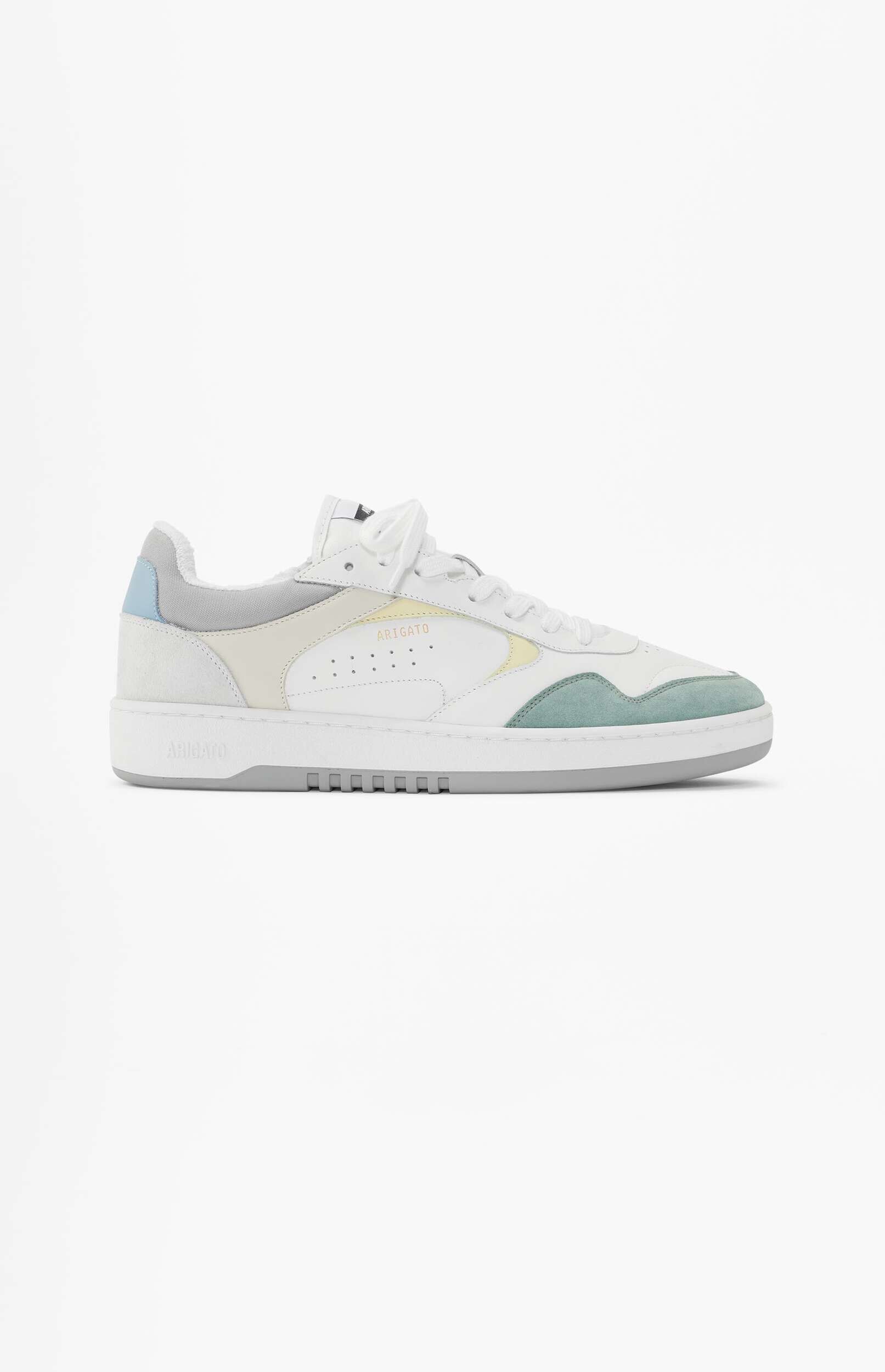 A white ARIGATO sneaker featuring light blue, light yellow, and mint green pastel accents, photographed on a clean white background.