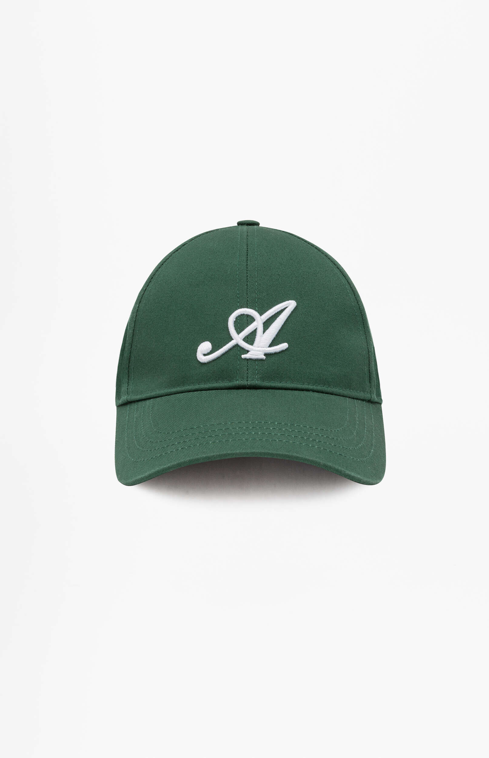 A dark green baseball cap with a white embroidered stylized 'A' logo on the front, set against a plain white background.