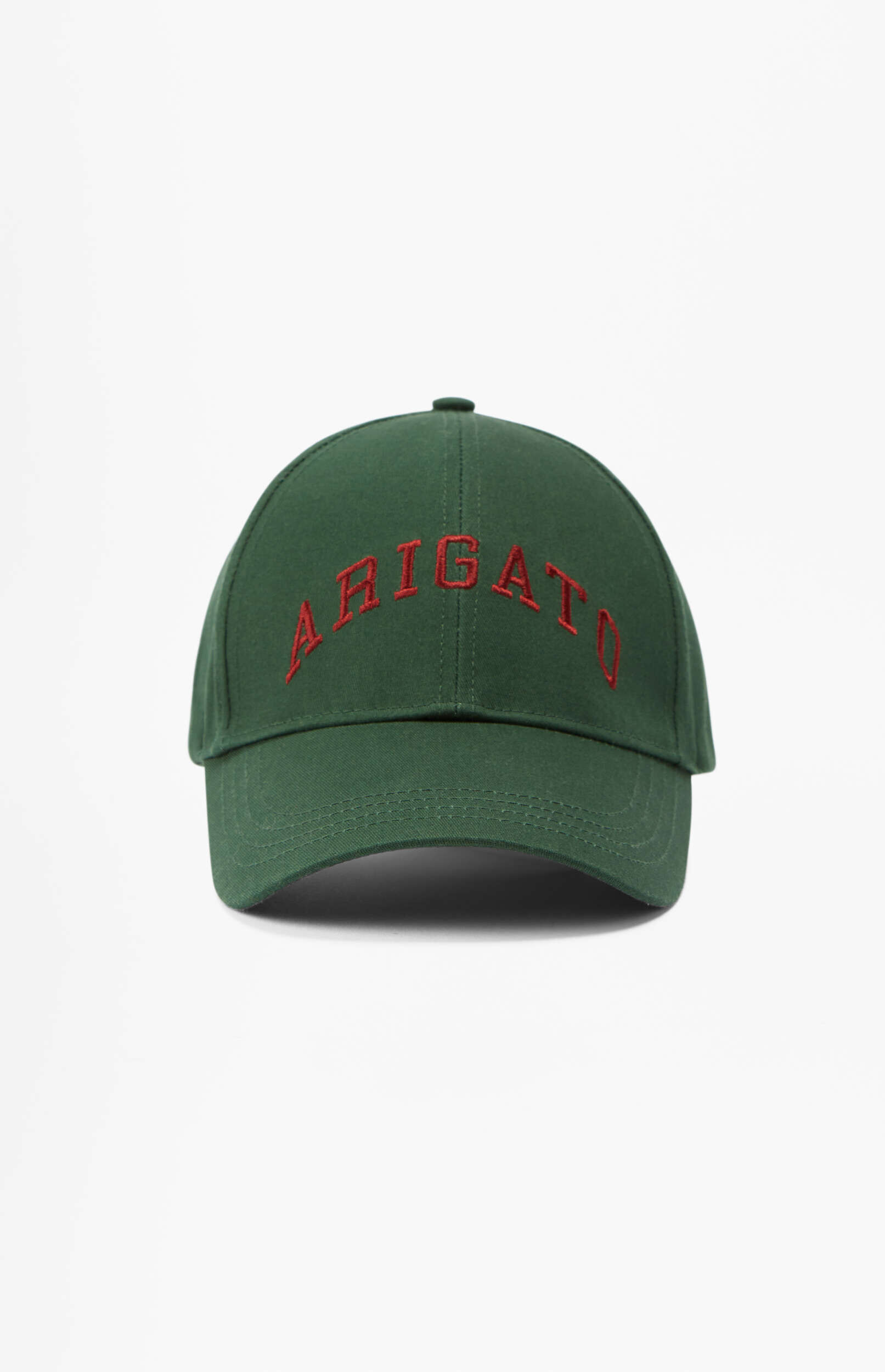 A dark green baseball cap with 'ARIGATO' embroidered in red text on the front, centered on a white background.