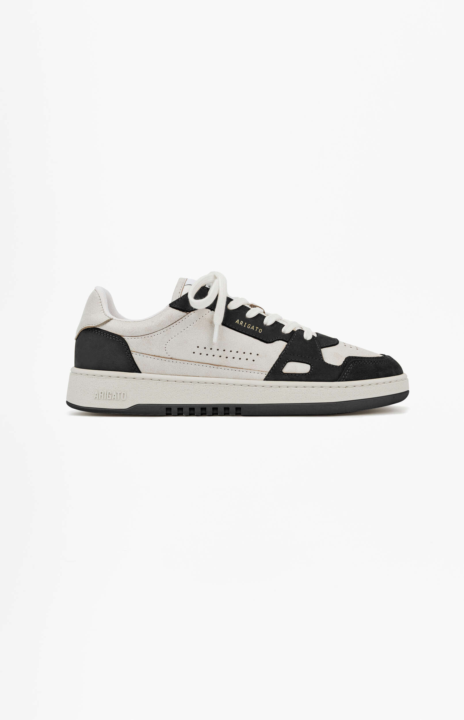 A single Axel Arigato Genesis Vintage Runner sneaker in off-white and black, viewed from the side on a white background. The sneaker features white laces and a light-colored chunky sole with a black tread.